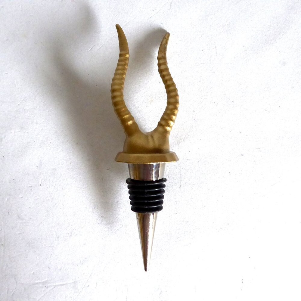NEW BRASS ANTELOPE DEER HORN WINE BOTTLE STOPPER GOTHIC ODDITY